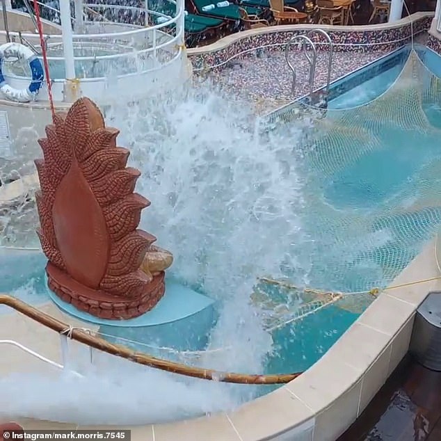 Passengers have continued to share video on social media of the wild seas and its impacts on board, which include the deck lurching and its swimming pool water spraying dramatically