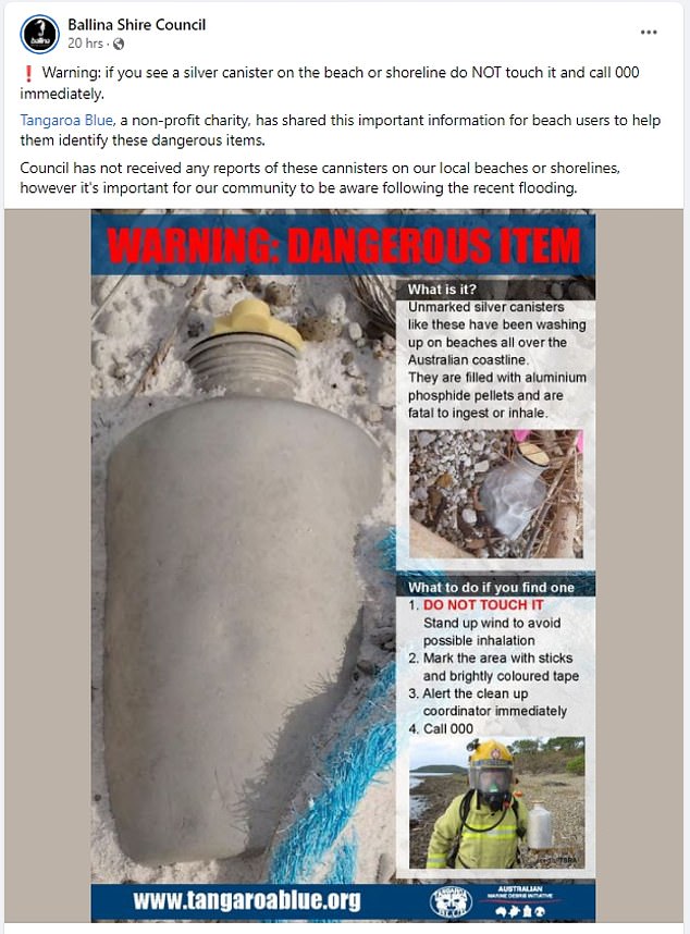 Ballina Shire Council urge residents to beware of dangerous silver canisters washing up on beaches.